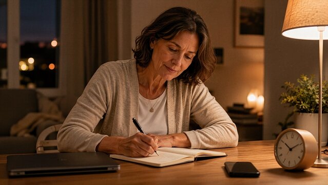 Evening journaling becomes practical mental wellness habit as woman over 50 records one thought, supporting reflection, focus, emotional resilience and healthy aging each day.