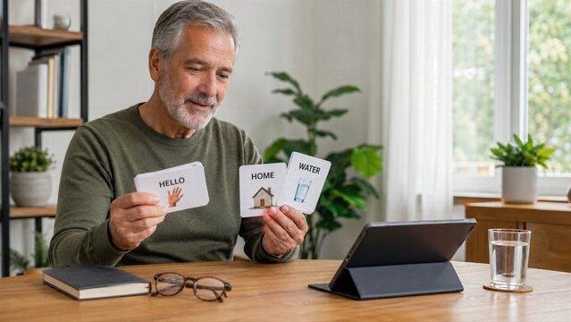 Adult learner reviews vocabulary cards at home, creating broad commercial concept around cognitive health, education, focus, memory and lifelong development after 50 in midlife.