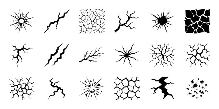 Set of black and white crack patterns and broken surface textures for design elements and background effects