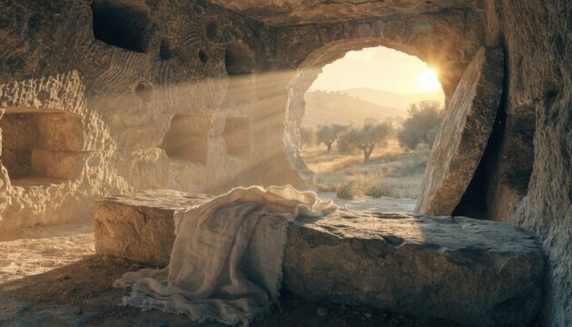 Empty tomb with stone slab and cloth, bathed in sunrise light