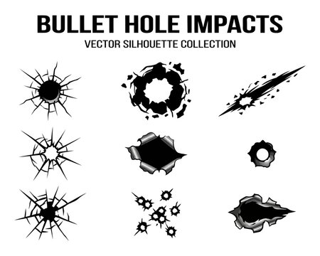 Collection of various bullet hole impact silhouettes and gun shot damage marks for graphic design projects