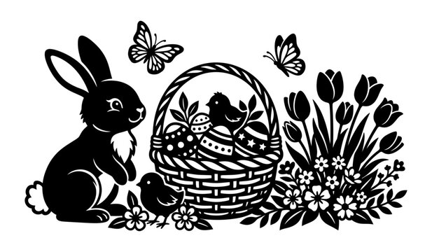 Black and white vintage style illustration of an easter bunny with a basket of eggs and flowers