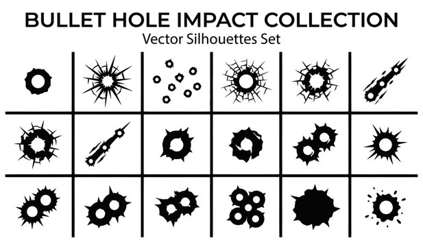 Set of various bullet hole impact icons and gun shot marks in black and white vector style