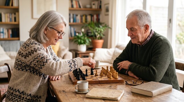 Strategic game time combines mental fitness and companionship, creating broad healthy aging concept around focus, learning, problem solving and meaningful social engagement.