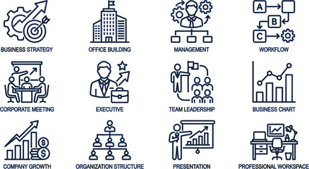 Fototapeta premium Corporate business strategy and management isometric vector icon set with office symbols