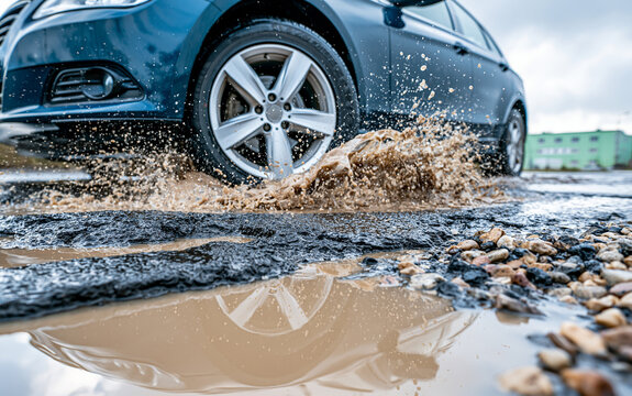 Car driving through water puddle on damaged asphalt road