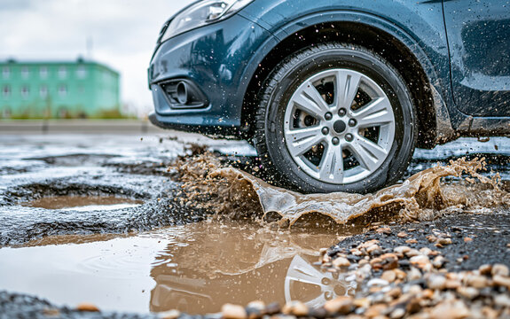 Car driving through water puddle on damaged asphalt road