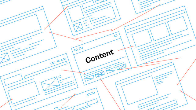 Multiple web page layout wireframes connected by red lines on a plain white background.