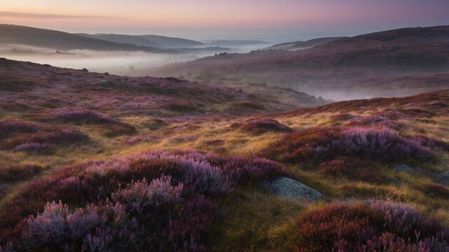 Rolling hills covered in blooming purple heather during misty sunrise