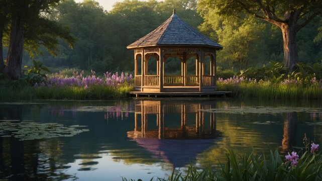 Wooden gazebo reflecting on a peaceful lake in a lush garden