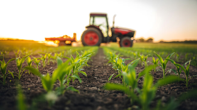 Red tractor working in a green corn field during a golden hour sunset in the agricultural.