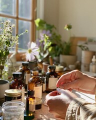 Obraz premium Hands of a woman adjusting small glass bottles on a wooden table in a well-lit workspace with plants and flowers in the background
