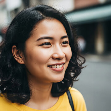 Close up portrait of happy young Asian woman smiling on city street