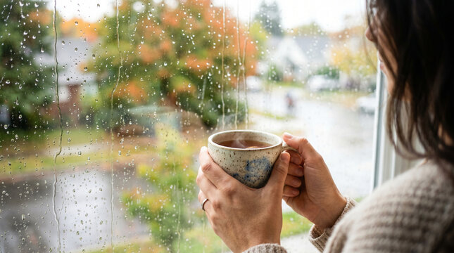 Hands wrapped around warm ceramic mug looking through rain streaked window  
