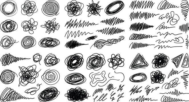 Set of hand drawn scribble circles and lines, abstract ink strokes, chaotic pencil marks, messy doodle textures isolated