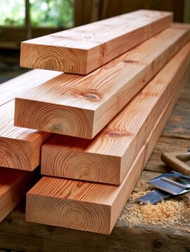 Stacked timber beams with visible annual rings and wood shavings on a wooden surface