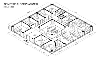 Fototapeta premium Isometric floor plan grid with office layout, technical architectural drawing of workspace, 3D building blueprint with scale 1:100