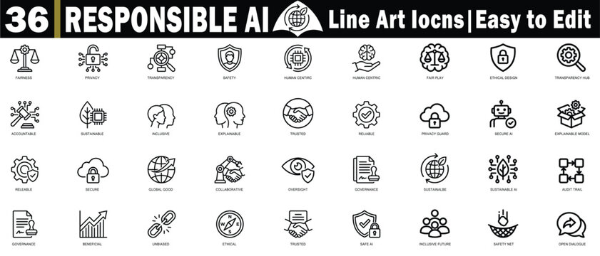 Responsible AI line art icon set. Featuring digital ethical standards for modern technological compliance tasks. Editable Icon. Vector illustration.