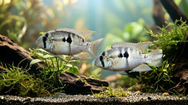 two keyhole cichlid fish underwater close up at morning light in orinoco river basin venezuela video