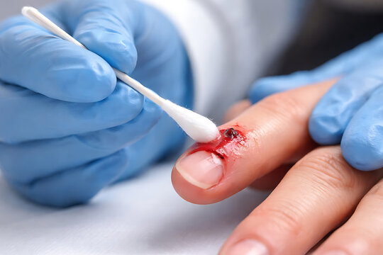 Gloved medical worker cleans a bleeding finger cut with cotton swab close up