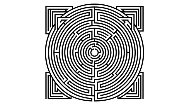 Complex circular maze illustration, geometric labyrinth puzzle on white background, black and white line art for logic and problem solving