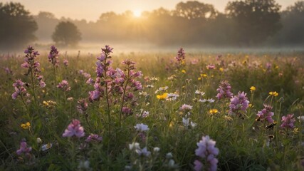 Naklejka premium Wildflowers blooming in a misty meadow at sunrise