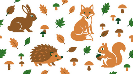 Fototapeta premium Autumn woodland animal vector seamless pattern with fox hedgehog squirrel rabbit mushrooms and leaves for fabric and wallpaper design