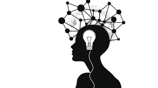 Human head silhouette, featuring a glowing light bulb connected to an intricate neural network above, powerfully symbolizes innovative ideas, creative thought, and intelligent problem-solving.