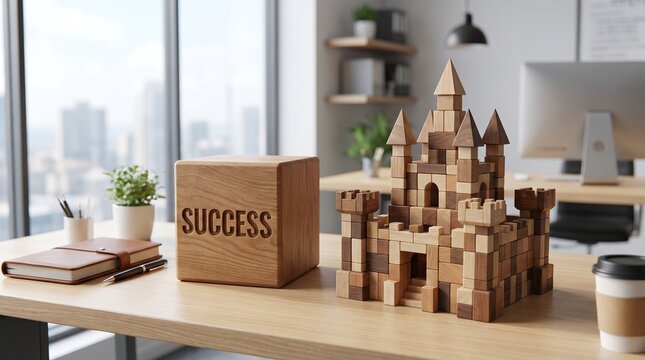 Wooden block castle and success cube on an office desk