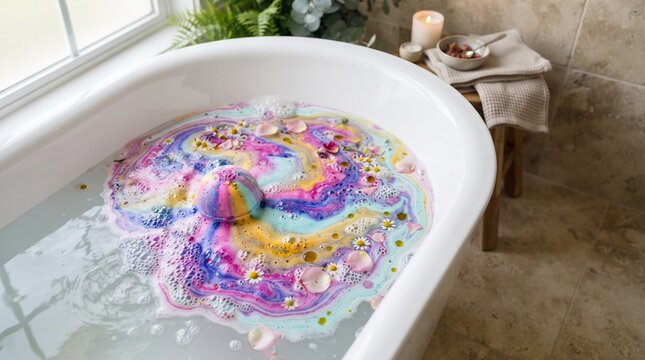 Colorful bath bomb fizzing in water of a modern bathtub  