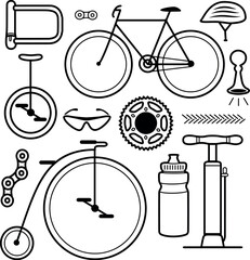 Bicycle accessories and maintenance tools set featuring bike, helmet, pump, chain, and gear in black and white line style © Sourav Sou