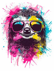 Naklejka premium Colorful sloth wearing sunglasses with paint splashes in a bright design