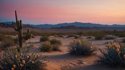 Obraz premium Saguaro cactus and desert wildflowers under a pink sunset sky