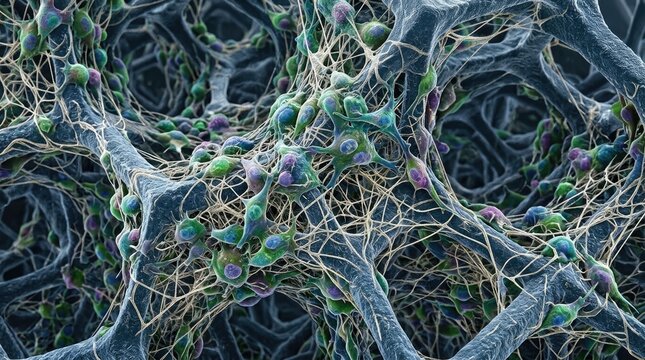Stem cell network growing over porous biocompatible scaffold, showing neural progenitor differentiation, microscopic biological tissue engineering, regenerative medicine therapy research.