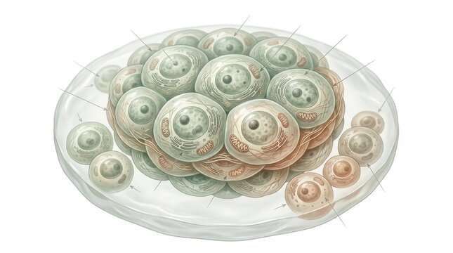 Stem cells cluster demonstrating embryonic biology structure, showing multicellular organism blastocyst division, microscopic nucleus organelle anatomy during laboratory research cultivation.