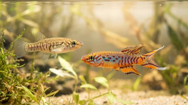 two killifish underwater close up at morning light in florida usa freshwater habitat video