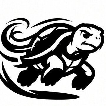 Fast turtle mascot runs with determined look, stylized speed lines show rapid movement. Cartoon character illustration implies quick action and determination for any project.
