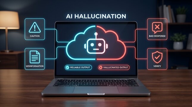 Laptop Displaying AI Hallucination Warning and Artificial Intelligence Error Interface