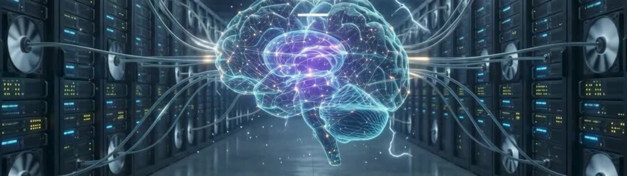 Artificial intelligence and machine learning concept digital brain connected to server racks in a data center neural network processing data.