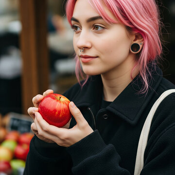 Young woman with pink hair holding a red apple at a market