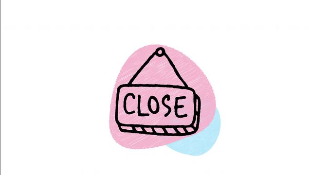 An animated hand-drawn hanging door plaque sign displaying the word CLOSED. Perfect for store closing hours, retail shop notices, out of service status, and off-business hours. 