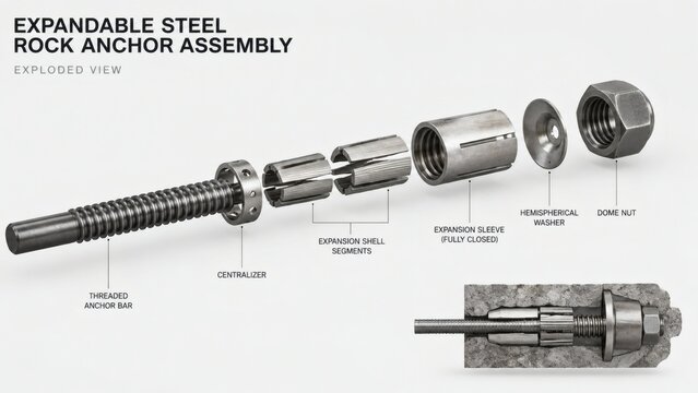 Technical Exploded 3D Diagram of Expandable High-Strength Steel Geotechnical Rock Bolt