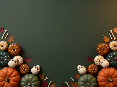 Halloween and Autumn Pumpkin Frame Background with Skulls, Pinecones, and Dried Florals