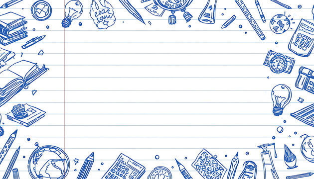 Blue doodle sketches of school supplies on lined paper background.