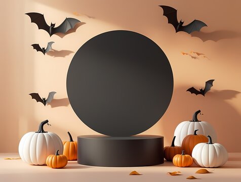 Minimalist black product display podium with pumpkins and bats for Halloween backdrop