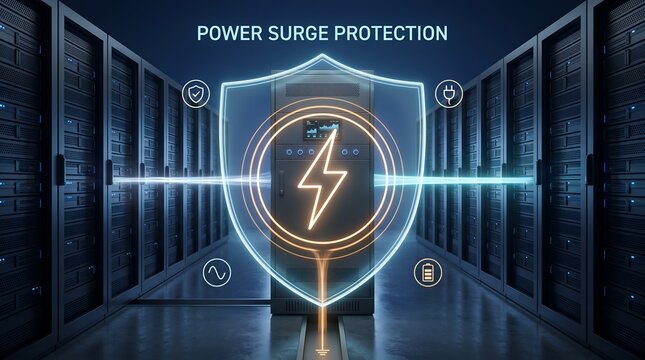 Power Surge Protection Cyber Shield with Glowing Lightning Bolt