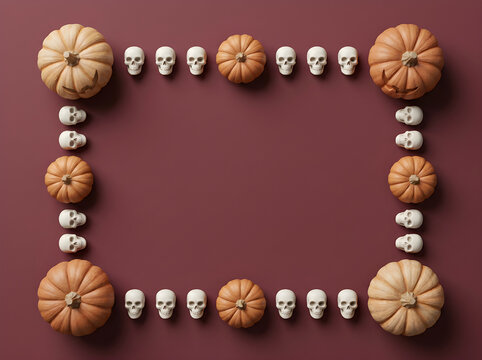 Halloween and Autumn Pumpkin Frame Background with Skulls, Pinecones, and Dried Florals