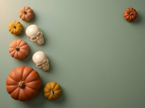 Halloween and Autumn Pumpkin Frame Background with Skulls, Pinecones, and Dried Florals