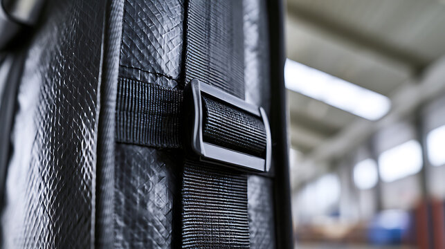 Macro detail of black waterproof delivery bag strap and plastic buckle