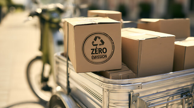 Cargo bike loaded with recycled cardboard boxes stamped Zero Emission logo